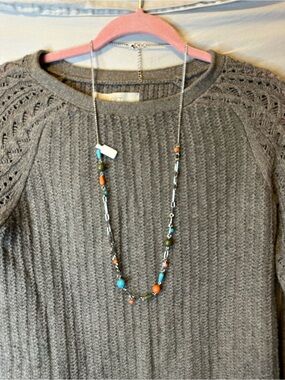 LOFT Gray Sweater with Turquoise and Orange Bead Necklace